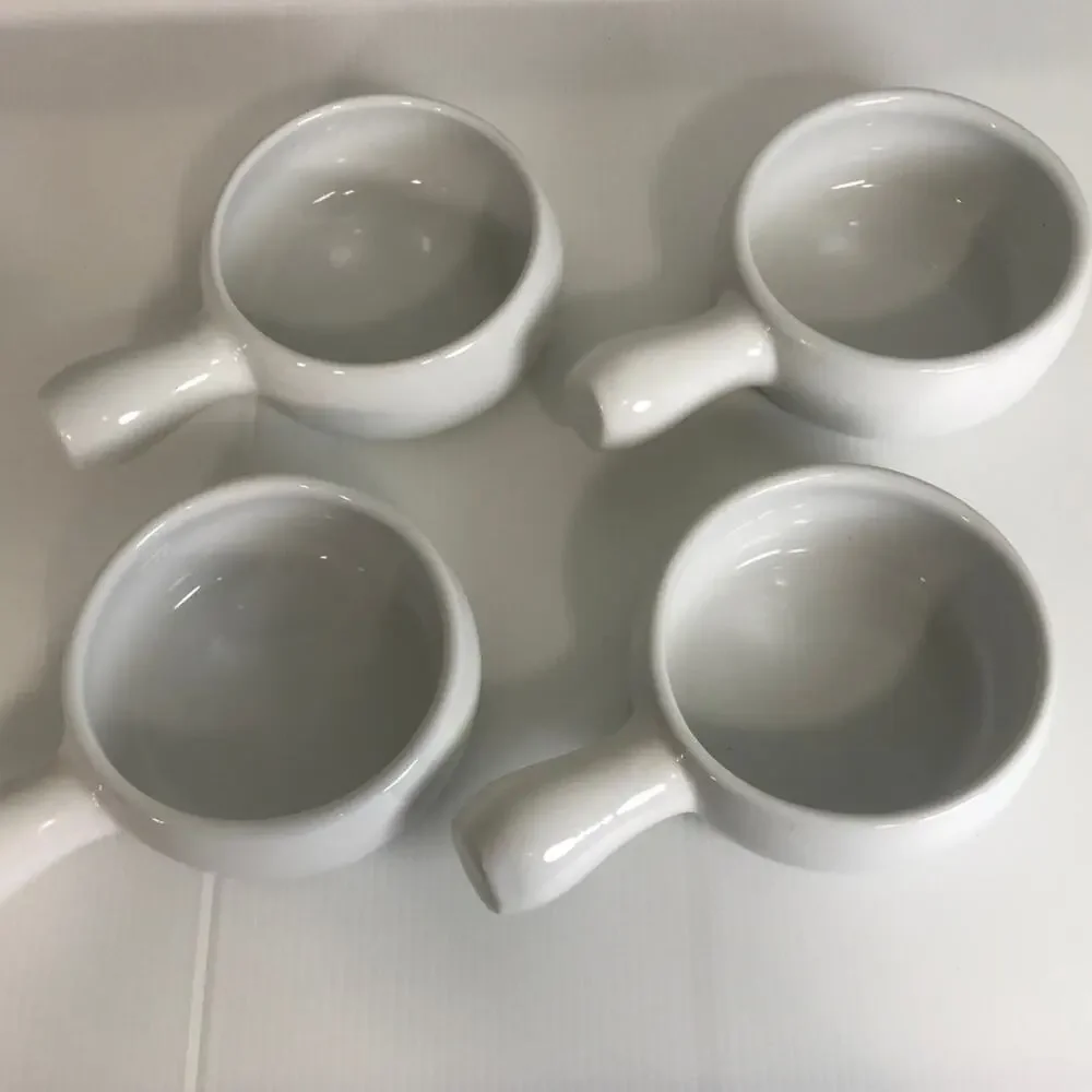 Pier 1 Imports Retro Cottage White Side Handle Ceramic Soup Bowl Set of 4